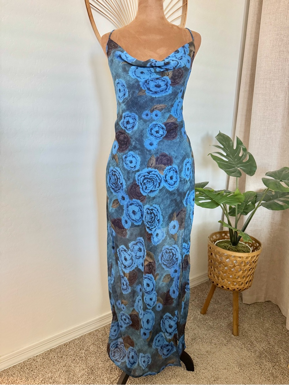 VICI Blue Floral Slip Dress - Elegant Cowl Neck